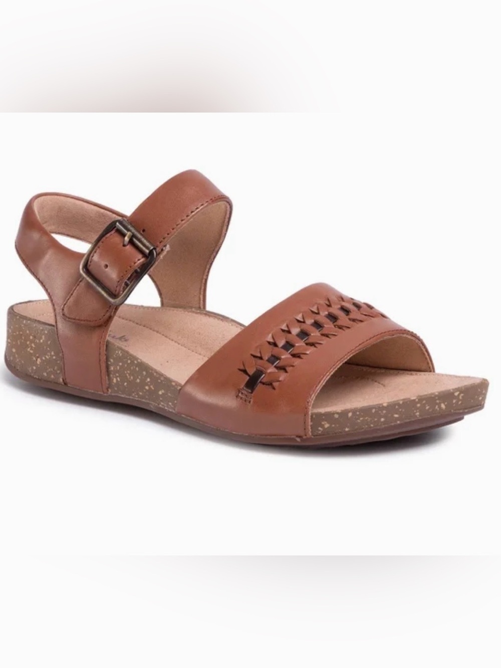 Clarks Women's Un Perri Way Size 7.5 Flat Sandals Tan Leather Buckle Comfort